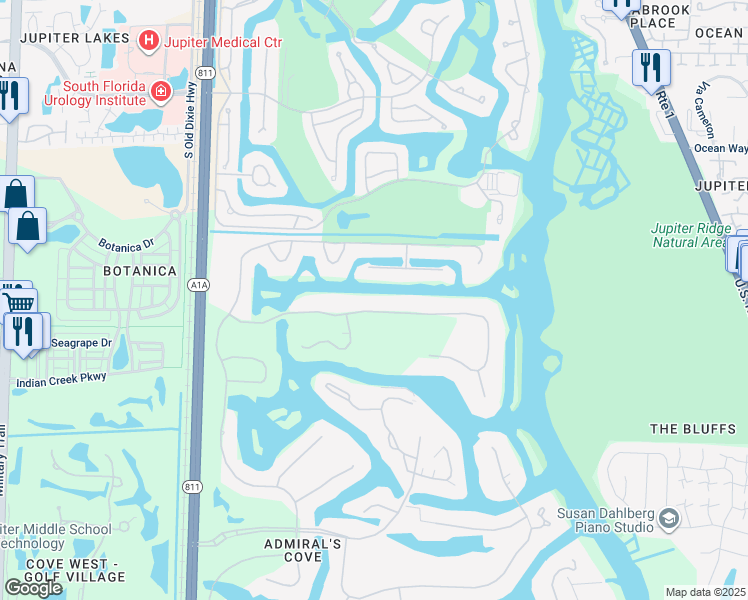 map of restaurants, bars, coffee shops, grocery stores, and more near 144 Spyglass Lane in Jupiter