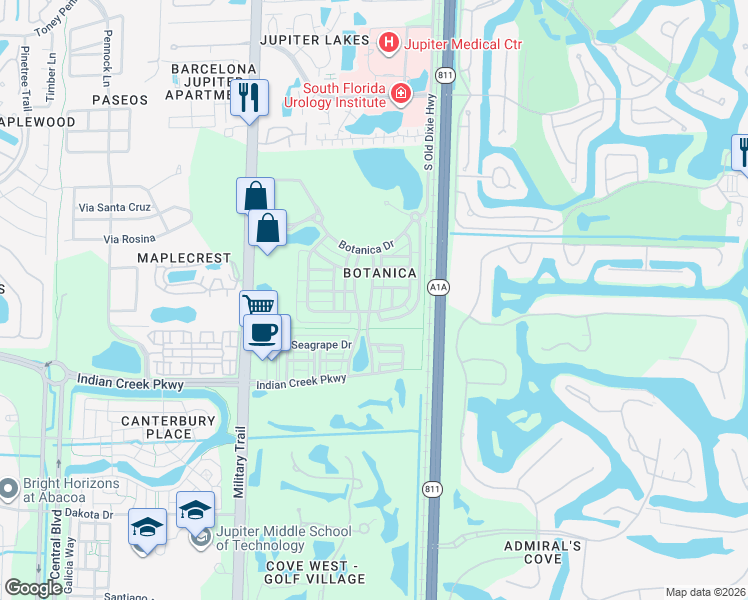 map of restaurants, bars, coffee shops, grocery stores, and more near 229 East Thatch Palm Circle in Jupiter