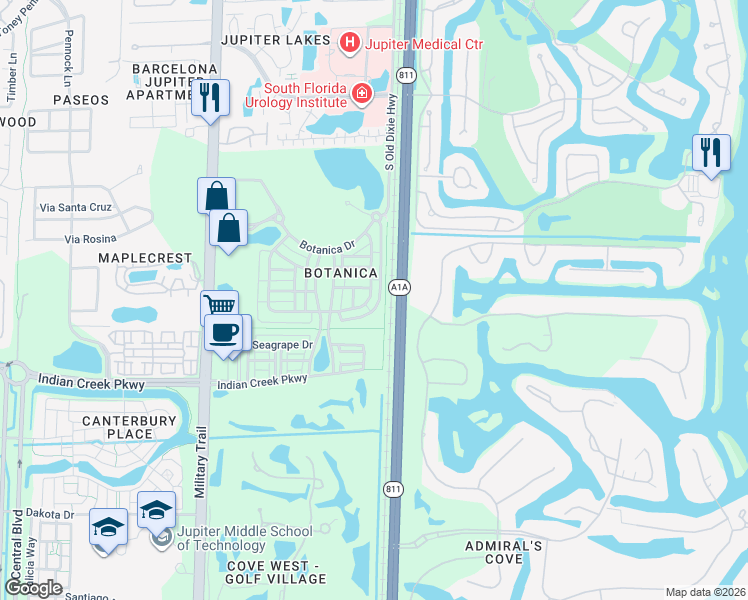 map of restaurants, bars, coffee shops, grocery stores, and more near 281 East Bay Cedar Circle in Jupiter