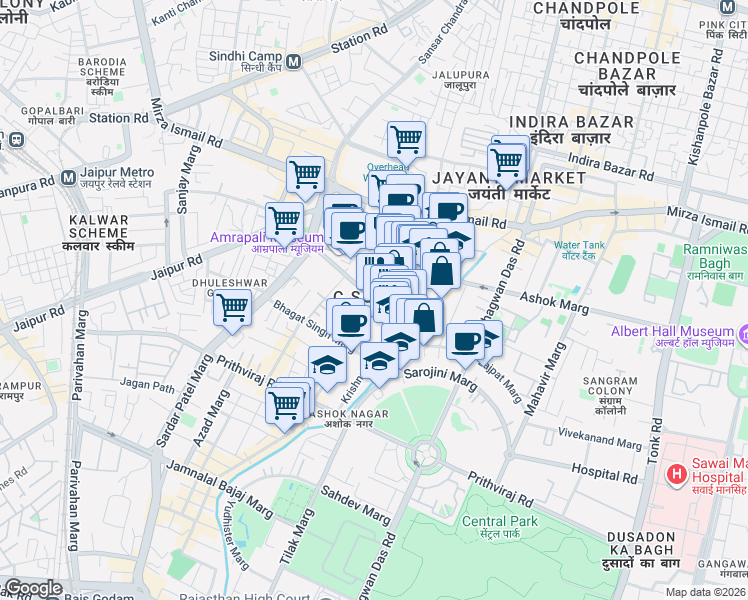 map of restaurants, bars, coffee shops, grocery stores, and more near Malviya Marg in Jaipur