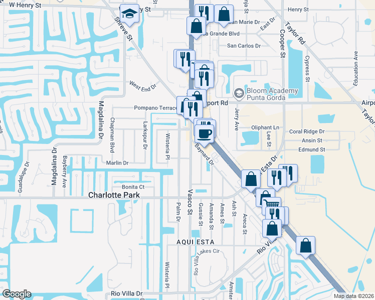 map of restaurants, bars, coffee shops, grocery stores, and more near 2822 Vasco Street in Punta Gorda