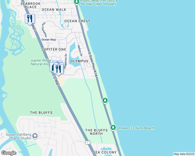 map of restaurants, bars, coffee shops, grocery stores, and more near 26 Ocean Boulevard in Jupiter