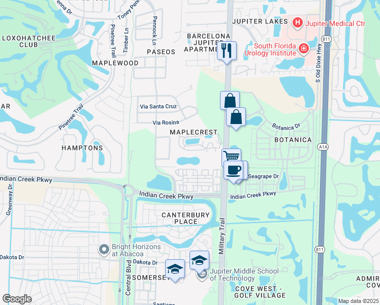 map of restaurants, bars, coffee shops, grocery stores, and more near 222 Maplecrest Circle in Jupiter