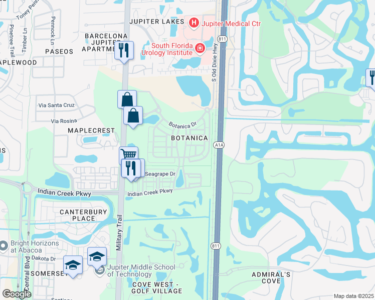 map of restaurants, bars, coffee shops, grocery stores, and more near 195 East Thatch Palm Circle in Jupiter