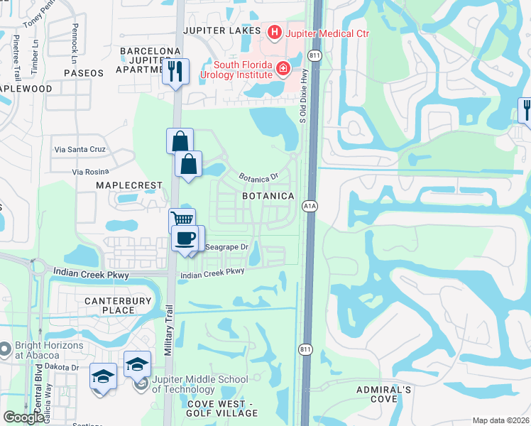 map of restaurants, bars, coffee shops, grocery stores, and more near 195 East Thatch Palm Circle in Jupiter