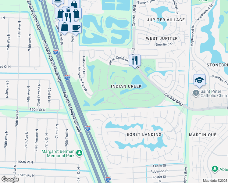 map of restaurants, bars, coffee shops, grocery stores, and more near 202 Muirfield Court in Jupiter