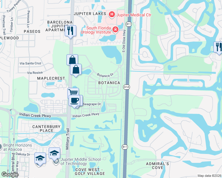 map of restaurants, bars, coffee shops, grocery stores, and more near 229 East Thatch Palm Circle in Jupiter