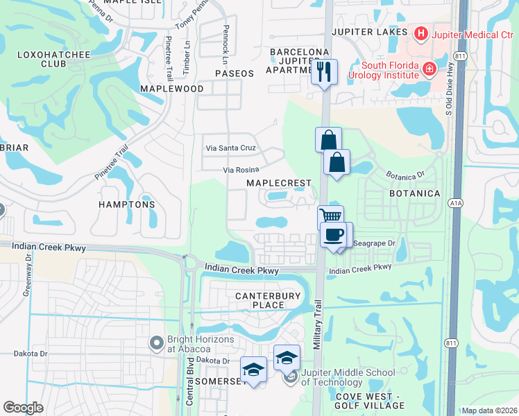 map of restaurants, bars, coffee shops, grocery stores, and more near 171 Maplecrest Circle in Jupiter