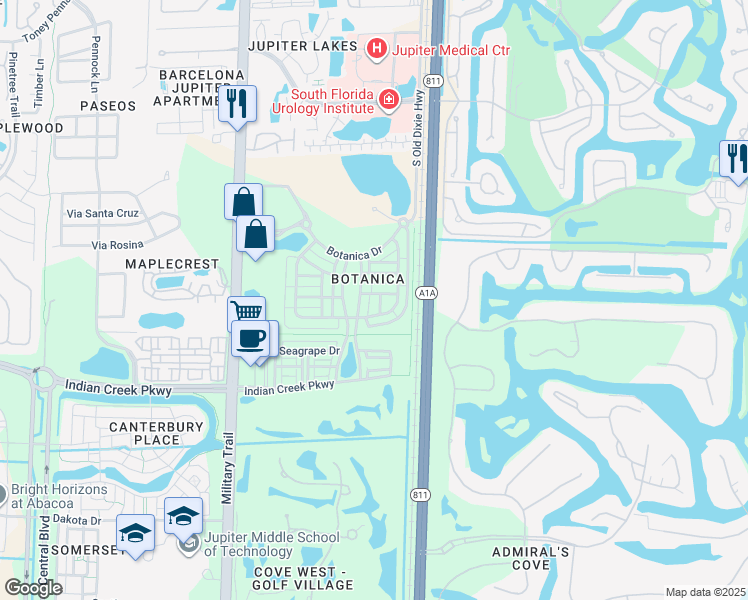map of restaurants, bars, coffee shops, grocery stores, and more near 229 East Thatch Palm Circle in Jupiter