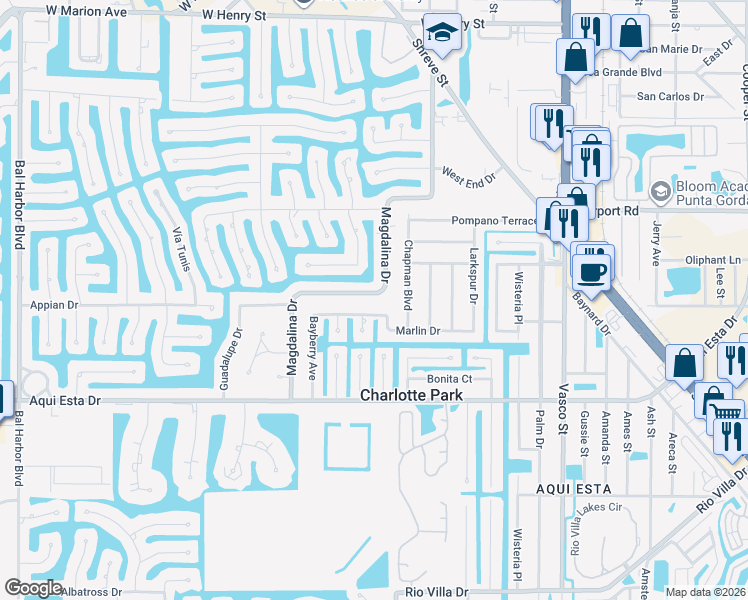 map of restaurants, bars, coffee shops, grocery stores, and more near 2810 Marlin Court in Punta Gorda