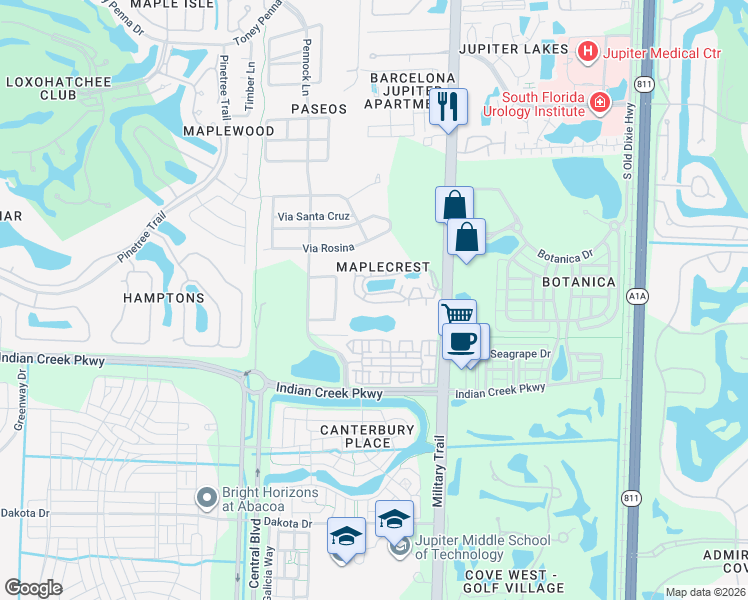 map of restaurants, bars, coffee shops, grocery stores, and more near 152 Maplecrest Circle in Jupiter