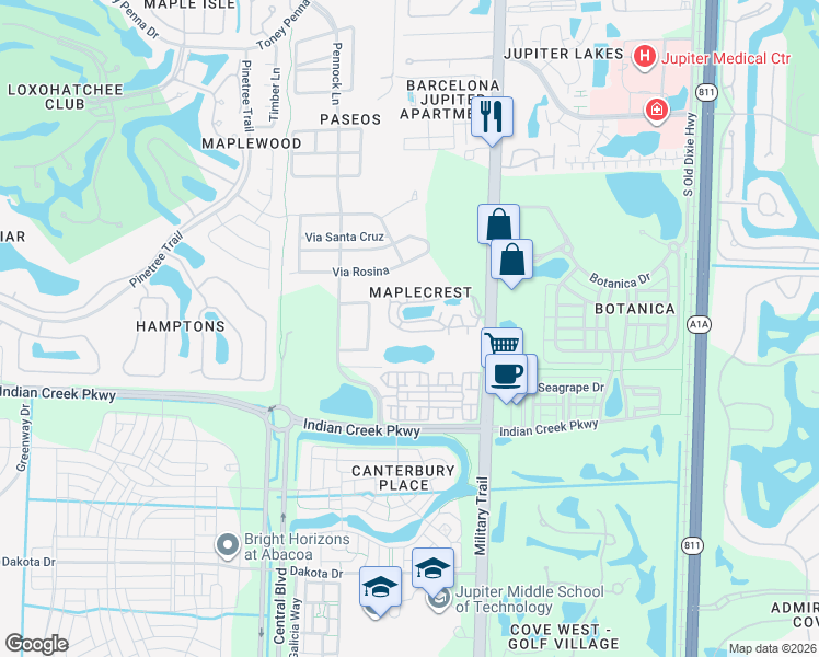 map of restaurants, bars, coffee shops, grocery stores, and more near 211 Maplecrest Circle in Jupiter