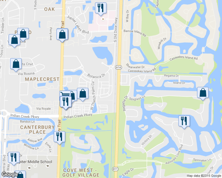 map of restaurants, bars, coffee shops, grocery stores, and more near 261 East Bay Cedar Circle in Jupiter