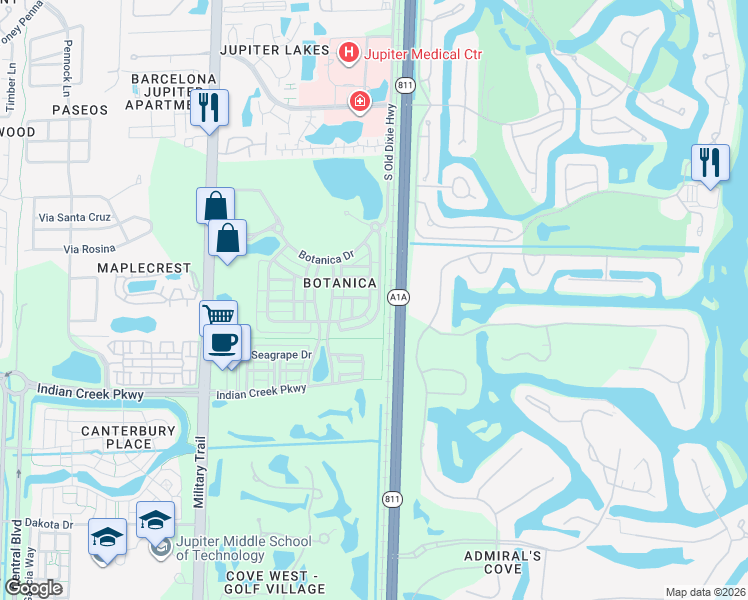 map of restaurants, bars, coffee shops, grocery stores, and more near 261 East Bay Cedar Circle in Jupiter