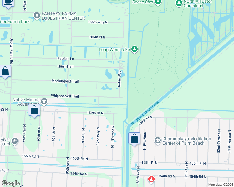 map of restaurants, bars, coffee shops, grocery stores, and more near 9120 Mockingbird Trail in Jupiter