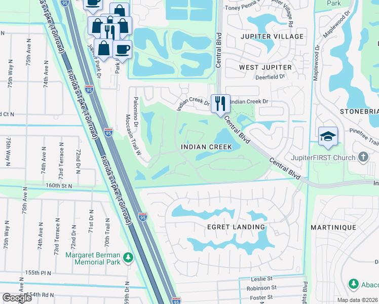 map of restaurants, bars, coffee shops, grocery stores, and more near 1502 Pinecrest Circle in Jupiter