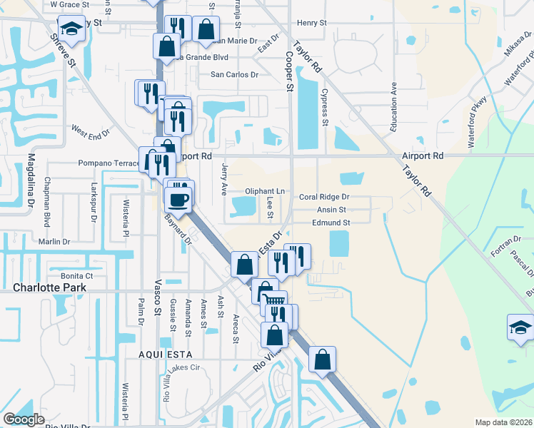 map of restaurants, bars, coffee shops, grocery stores, and more near 2625 Lee Street in Punta Gorda