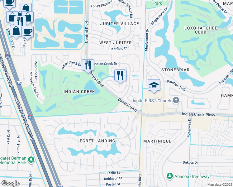 map of restaurants, bars, coffee shops, grocery stores, and more near 115 Raintree Trail in Jupiter