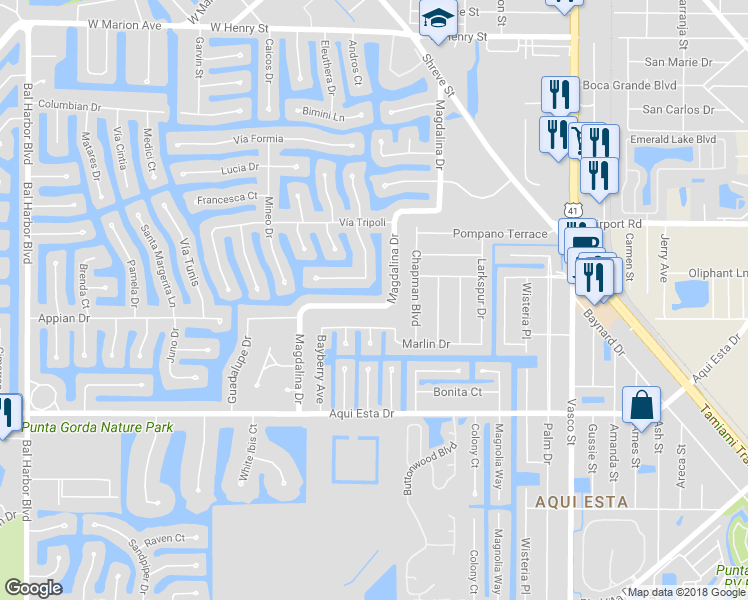 map of restaurants, bars, coffee shops, grocery stores, and more near 2714 Magdalina Drive in Punta Gorda