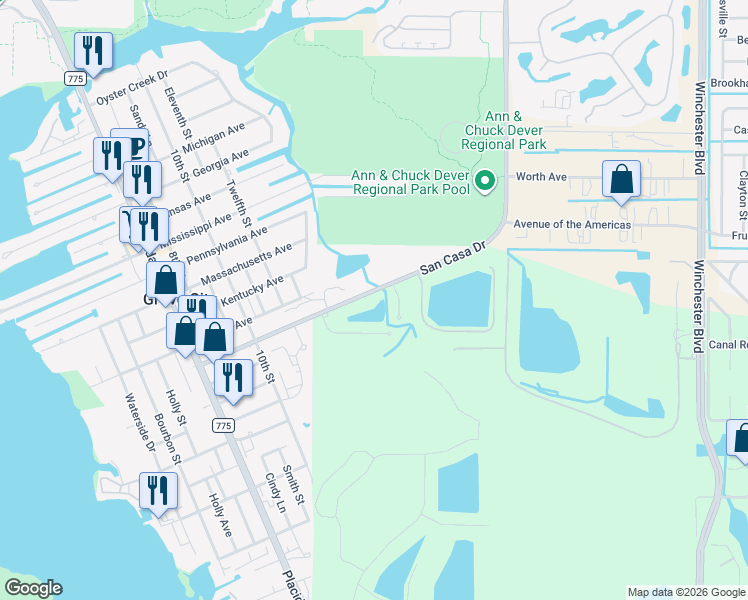 map of restaurants, bars, coffee shops, grocery stores, and more near 7238 San Casa Drive in Englewood