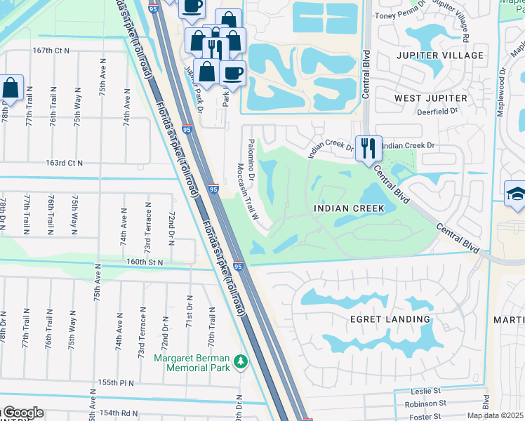 map of restaurants, bars, coffee shops, grocery stores, and more near 293 Moccasin Trail West in Jupiter