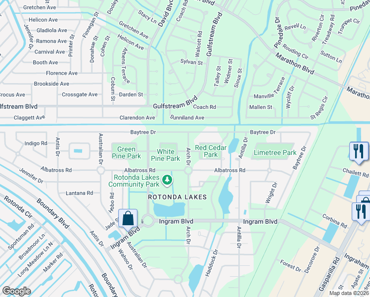 map of restaurants, bars, coffee shops, grocery stores, and more near 197 Arch Drive in Rotonda West