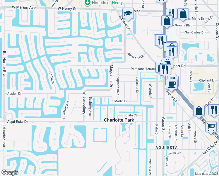 map of restaurants, bars, coffee shops, grocery stores, and more near 2714 Magdalina Drive in Punta Gorda