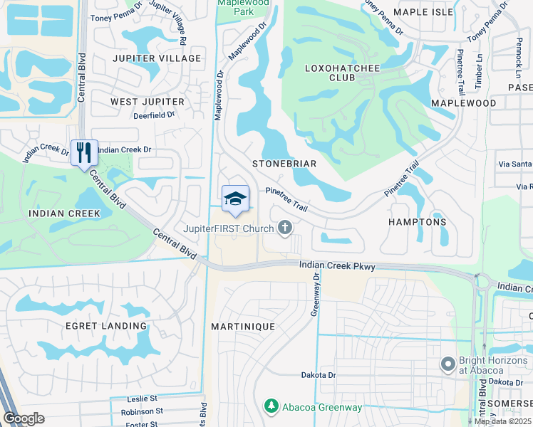 map of restaurants, bars, coffee shops, grocery stores, and more near 256 Sussex Circle in Jupiter