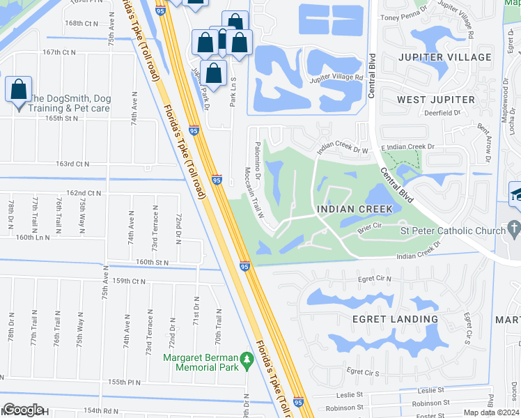 map of restaurants, bars, coffee shops, grocery stores, and more near 287 Moccasin Trail West in Jupiter