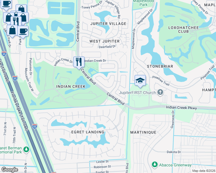map of restaurants, bars, coffee shops, grocery stores, and more near 108 Raintree Trail in Jupiter