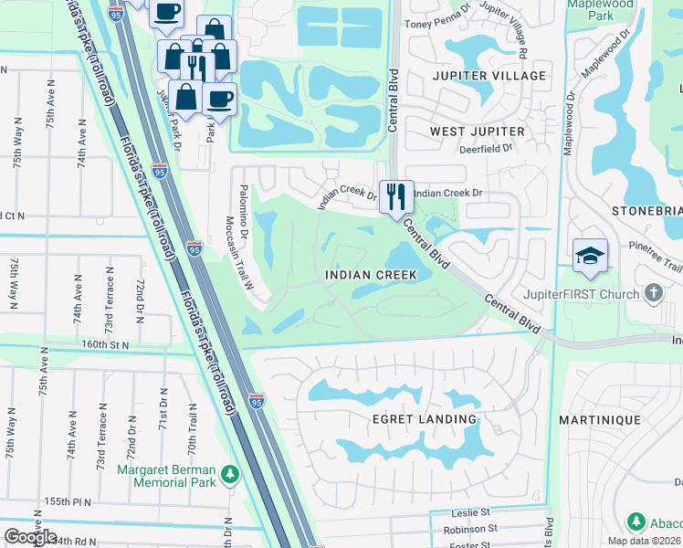 map of restaurants, bars, coffee shops, grocery stores, and more near 1401 Pinecrest Circle in Jupiter