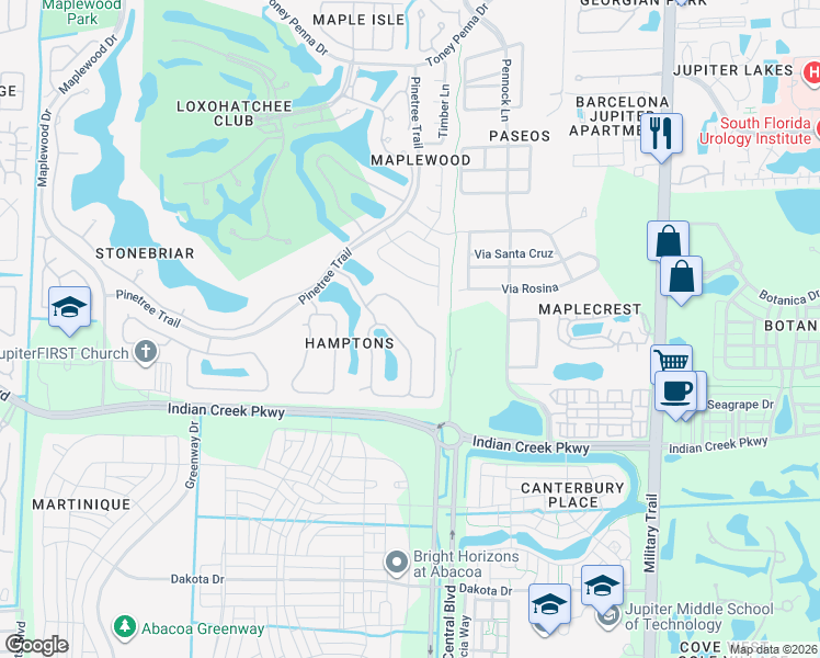 map of restaurants, bars, coffee shops, grocery stores, and more near 133 East Hampton Way in Jupiter