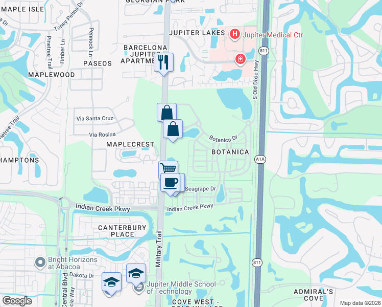 map of restaurants, bars, coffee shops, grocery stores, and more near 144 West Bay Cedar Circle in Jupiter