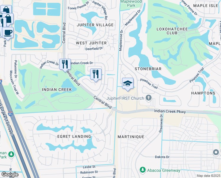 map of restaurants, bars, coffee shops, grocery stores, and more near 218 Wandering Trail in Jupiter