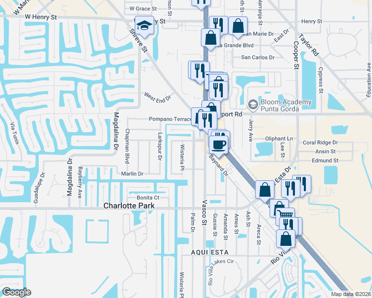 map of restaurants, bars, coffee shops, grocery stores, and more near 2615 Palm Drive in Punta Gorda