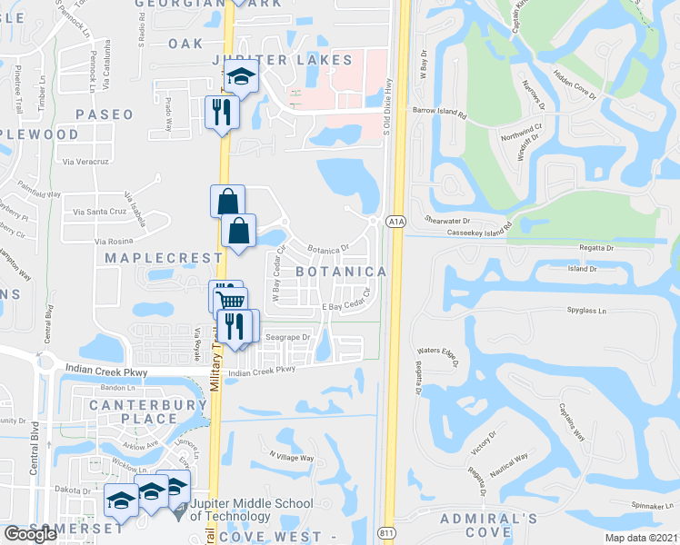 map of restaurants, bars, coffee shops, grocery stores, and more near 149 East Thatch Palm Circle in Jupiter
