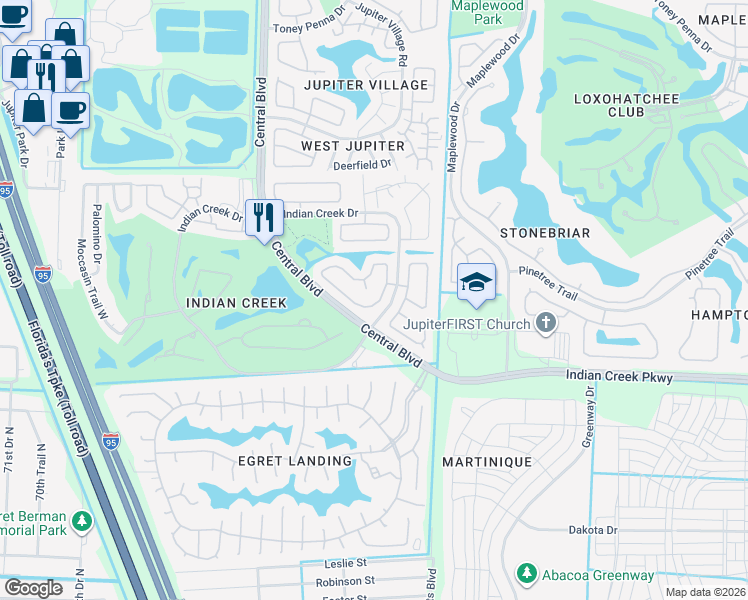 map of restaurants, bars, coffee shops, grocery stores, and more near 108 Raintree Trail in Jupiter