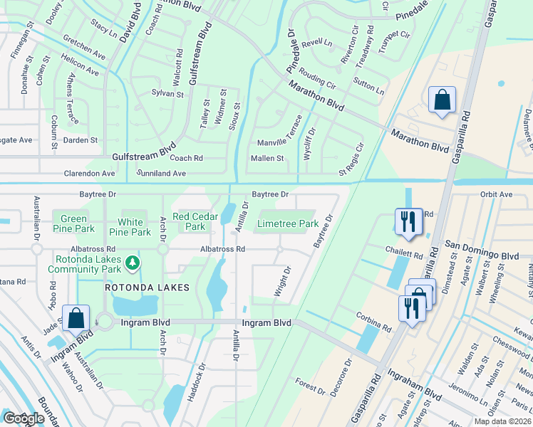 map of restaurants, bars, coffee shops, grocery stores, and more near 173 Lime Tree Park in Rotonda West