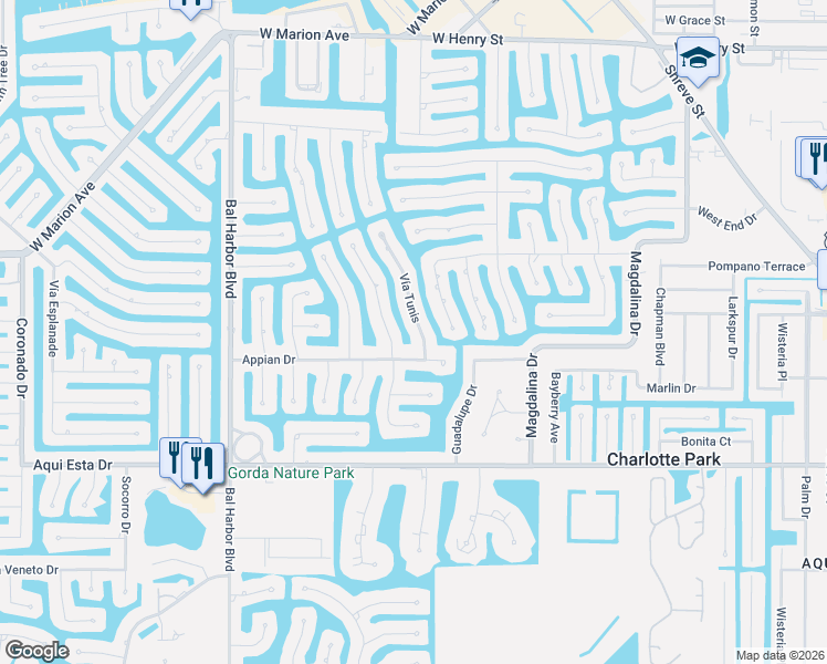 map of restaurants, bars, coffee shops, grocery stores, and more near 821 Vía Tunis in Punta Gorda