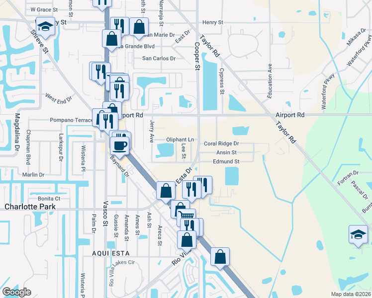 map of restaurants, bars, coffee shops, grocery stores, and more near 2625 Lee Street in Punta Gorda