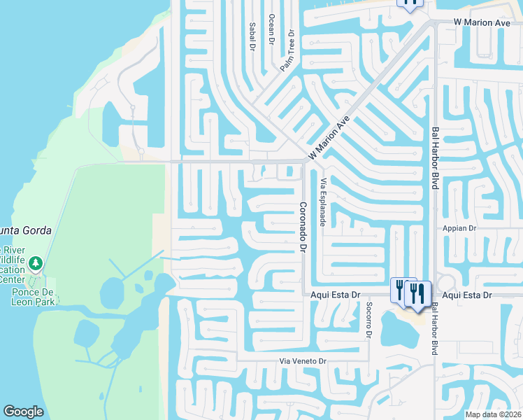 map of restaurants, bars, coffee shops, grocery stores, and more near 2557 Rio Palermo Court in Punta Gorda