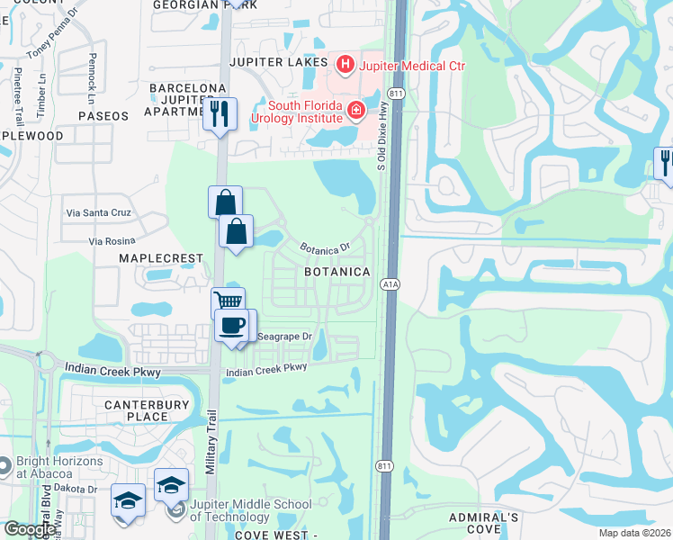 map of restaurants, bars, coffee shops, grocery stores, and more near 141 East Thatch Palm Circle in Jupiter