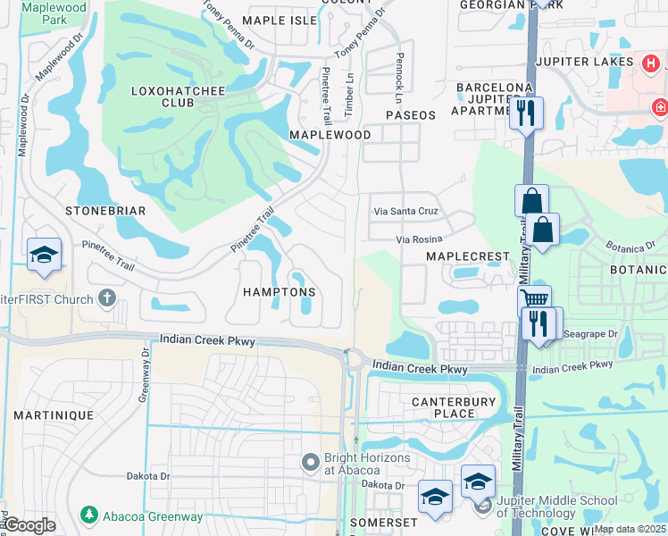 map of restaurants, bars, coffee shops, grocery stores, and more near 136 Hampton Way in Jupiter