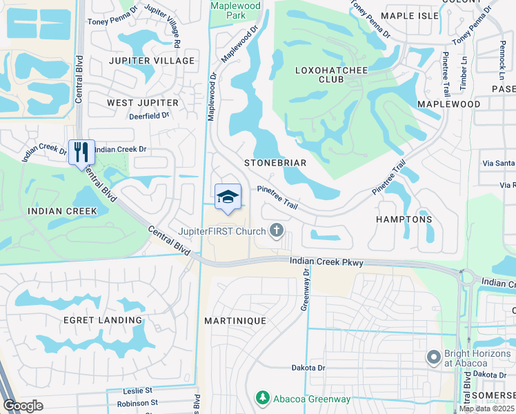 map of restaurants, bars, coffee shops, grocery stores, and more near 256 Sussex Circle in Jupiter