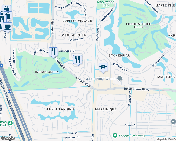 map of restaurants, bars, coffee shops, grocery stores, and more near 218 Wandering Trail in Jupiter