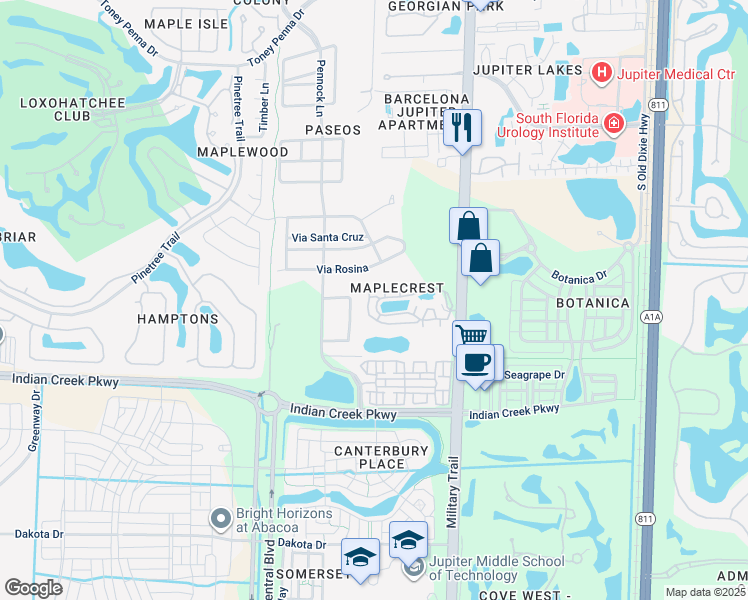 map of restaurants, bars, coffee shops, grocery stores, and more near 152 Maplecrest Circle in Jupiter
