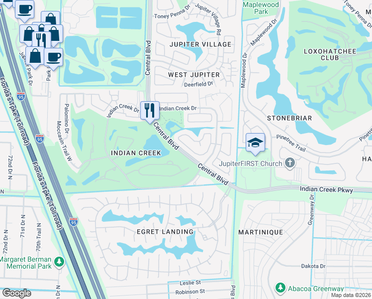 map of restaurants, bars, coffee shops, grocery stores, and more near 125 Raintree Trail in Jupiter