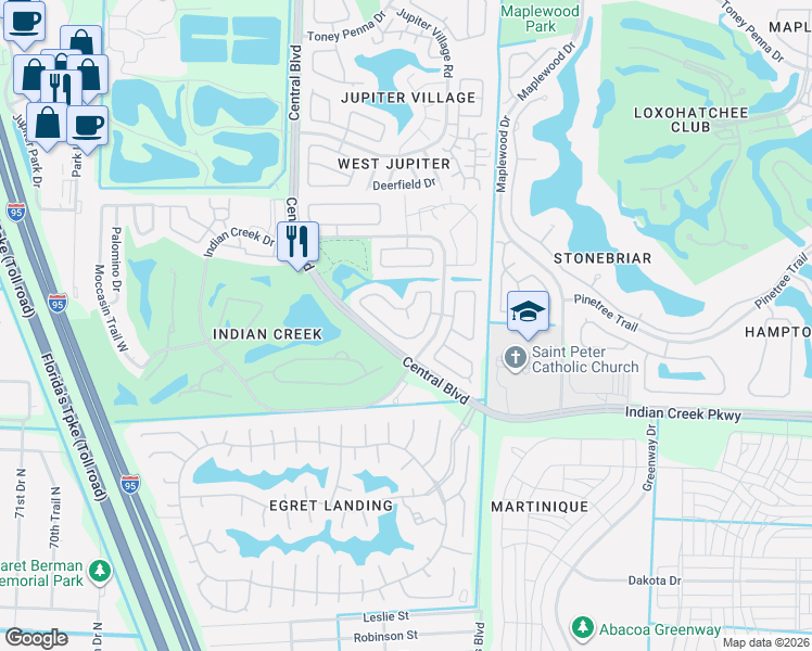 map of restaurants, bars, coffee shops, grocery stores, and more near 108 Raintree Trail in Jupiter