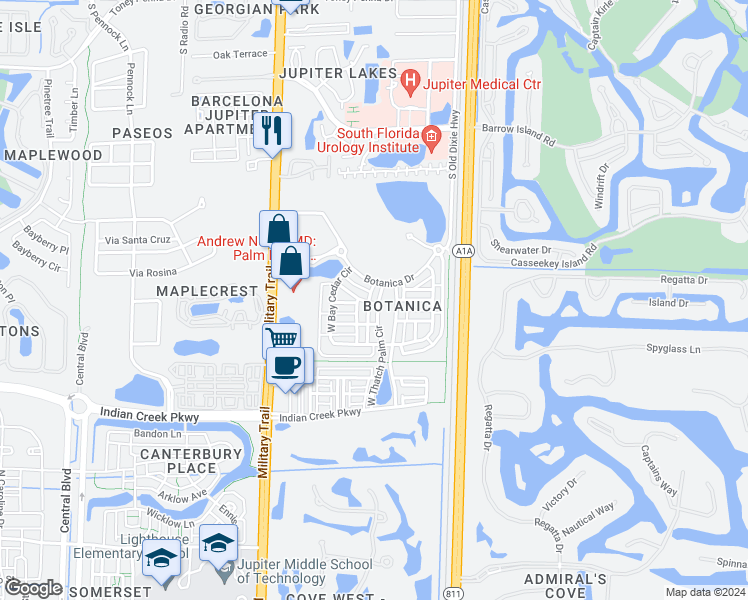 map of restaurants, bars, coffee shops, grocery stores, and more near 136 West Thatch Palm Circle in Jupiter