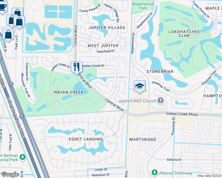 map of restaurants, bars, coffee shops, grocery stores, and more near 104 Raintree Trail in Jupiter